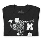 black heather t-shirt featuring a graphic design of a football player composed of various football icons, with the word "MOM" in bold white letters next to the player.