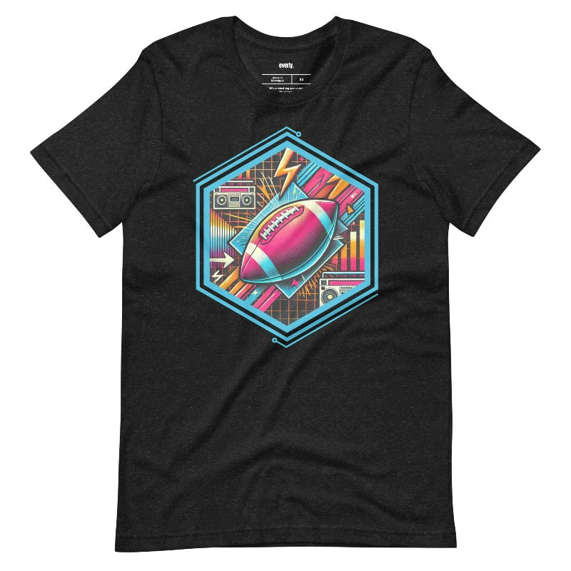 a vibrant neon design of a football with retro elements like boomboxes and geometric patterns, set in a hexagonal frame on a black shirt.