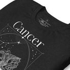 Bella + Canvas 3001 black heather Cancer Zodiac shirt featuring an intricate Cancer symbol design, constellation, and dates June 21 - July 22.