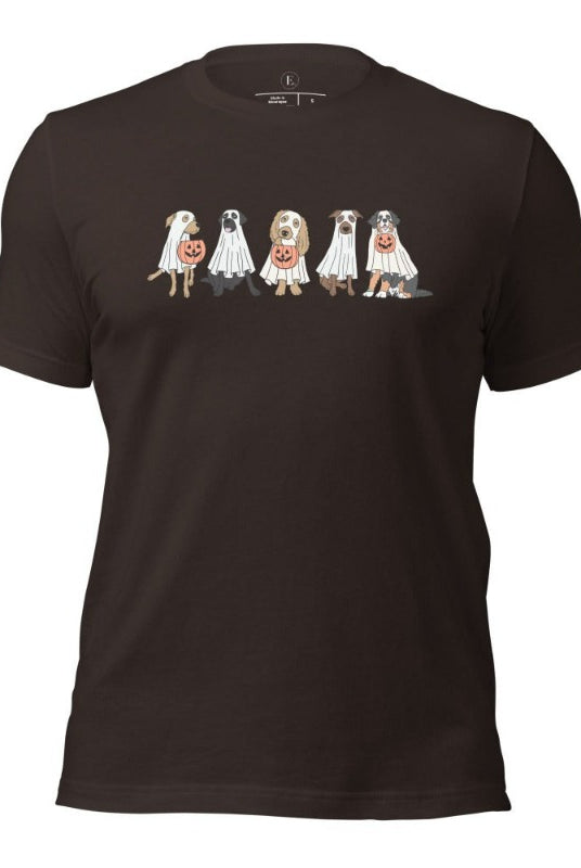 5 dogs dressed as ghost getting ready to trick or treat on a brown colored t-shirt.