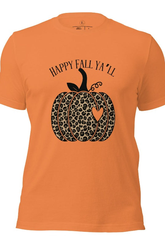 Get ready for fall with our adorable cheetah pumpkin shirt. Featuring a charming design of a cheetah pumpkin with a heart, it's the perfect blend of style and seasonal spirit. Spread the autumn cheer with the saying 'Happy Fall Ya'll' and embrace the coziness of the season on a burnt orange colored shirt. 