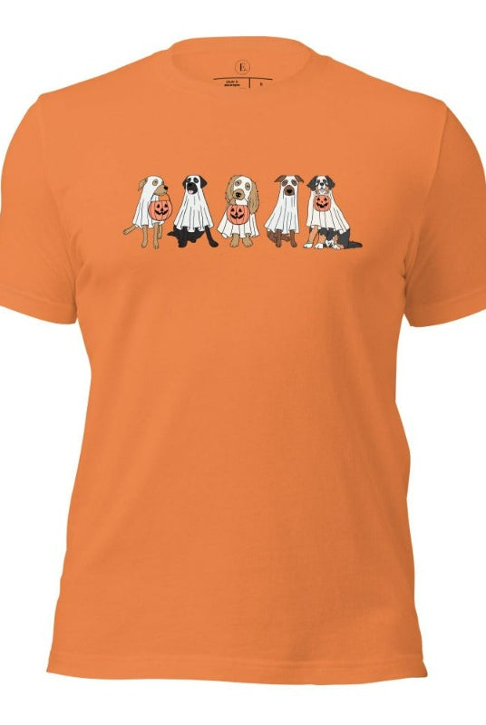 5 dogs dressed as ghost getting ready to trick or treat on a burnt orange colored t-shirt.