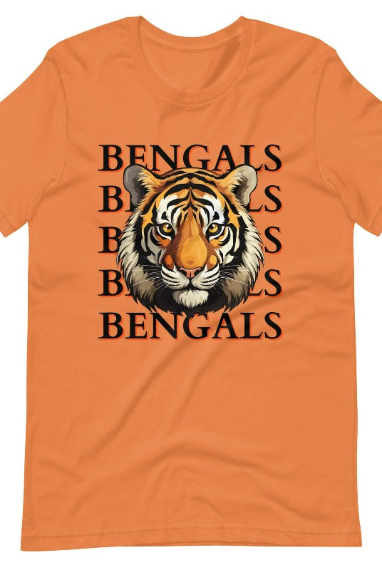 Our exclusive design features a fierce Siberian tiger face and the spirited mantra "Bengals Bengals Bengals Bengals." Unleash your inner roar with our comfortable Bella Canvas 3001 unisex graphic tee and show your stripes as a Cincinnati Bengals fan on a burnt orange shirt. 