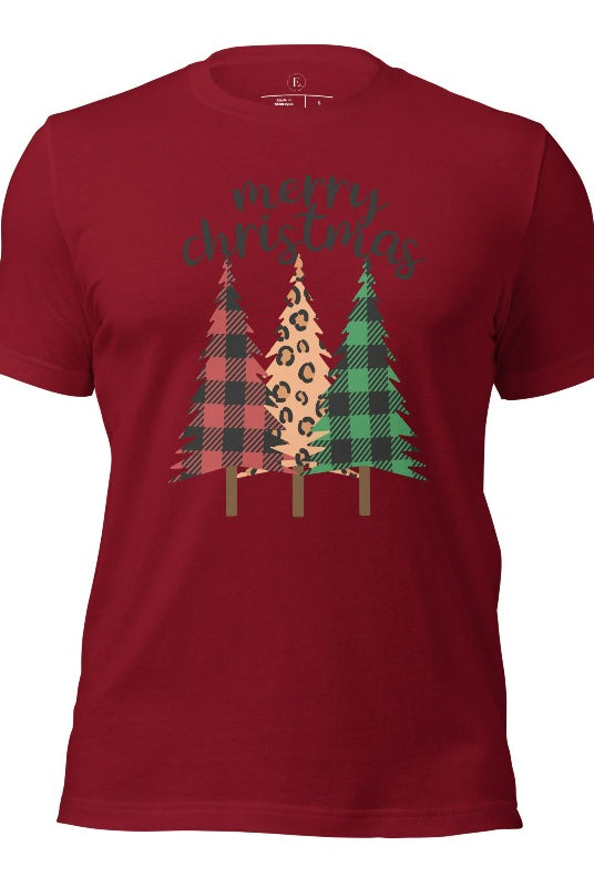 Get ready to unleash your wild side this Christmas with our unique shirt. This design is a bold and playful take on the holiday season, featuring three Christmas trees adorned with fierce cheetah print on a cardinal colored shirt. 