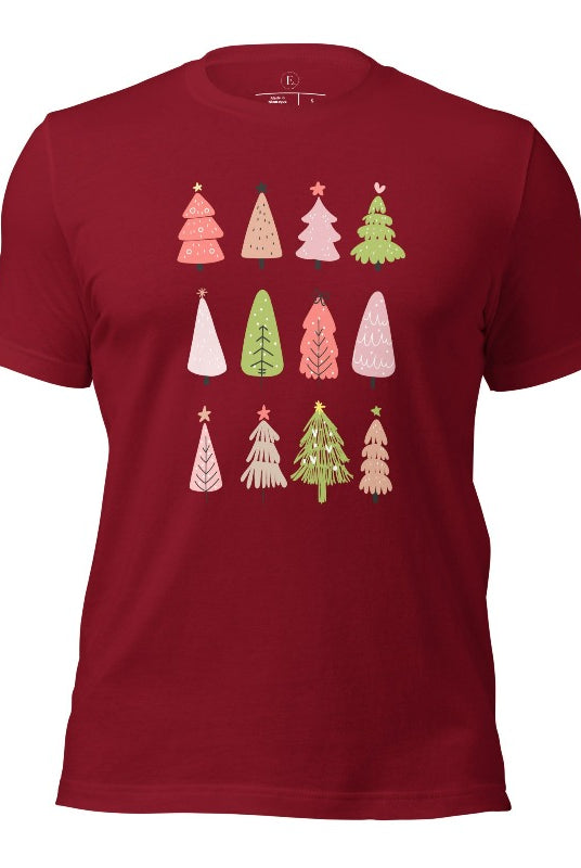 Upgrade your holiday fashion with our contemporary Christmas shirt. The shirt features three rows of multiple different modern Christmas trees in each row, creating a trendy and charming design on a cardinal colored shirt. 