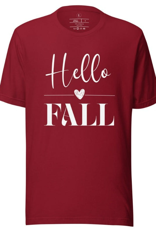 Hello Fall with heart between Hello and Fall graphic tee on a cardinal color shirt.