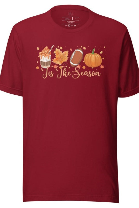 Tis the Season Fall Shirt! Fall Coffee, Fall Leaf, Football, Pumpkin on front chest of a cardinal colored shirt