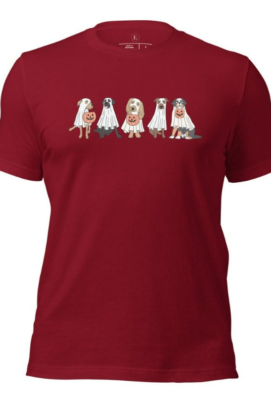 5 dogs dressed as ghost getting ready to trick or treat on a cardinal colored t-shirt.