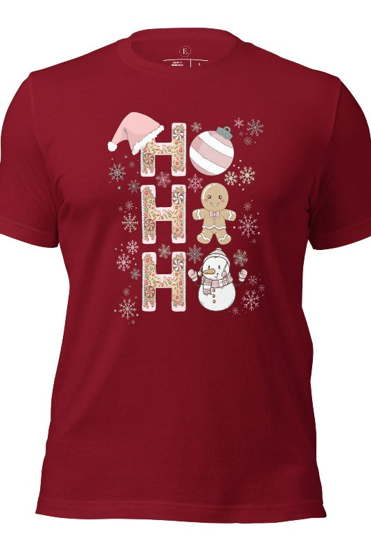 Add a whimsical touch to your holiday wardrobe with our gingerbread "Ho Ho Ho" Christmas shirt on a cardinal colored shirt.
