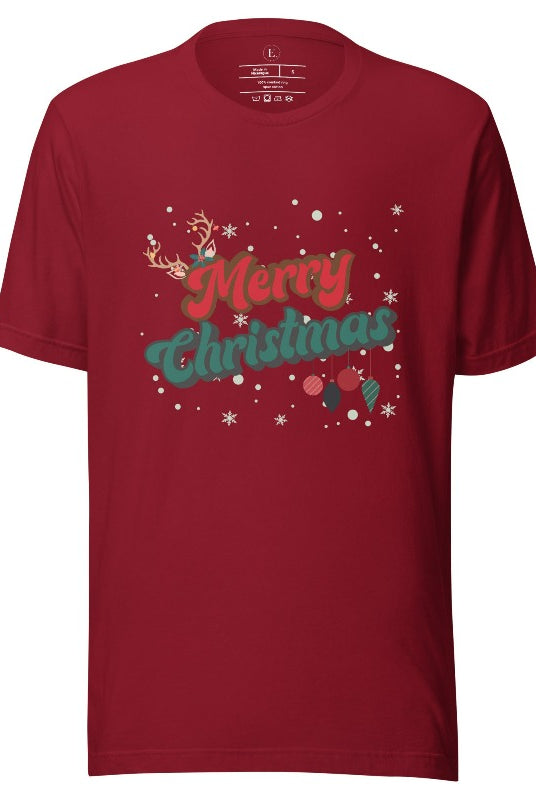 Get ready to take a trip down memory lane with our Merry Christmas retro letters shirt on a cardinal colored shirt. 