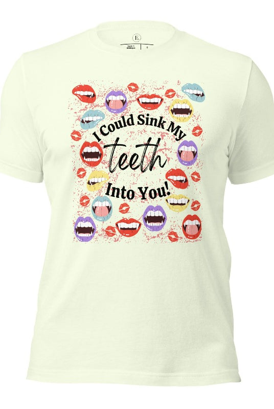Sink your teeth into Halloween style with our vampire lips shirt. Adorned with a collection of seductive vampire lips, this shirt mesmerizes with its allure. The cheeky message, 'I could sink my teeth into you,' adds a playful twist on a citron colored shirt. 
