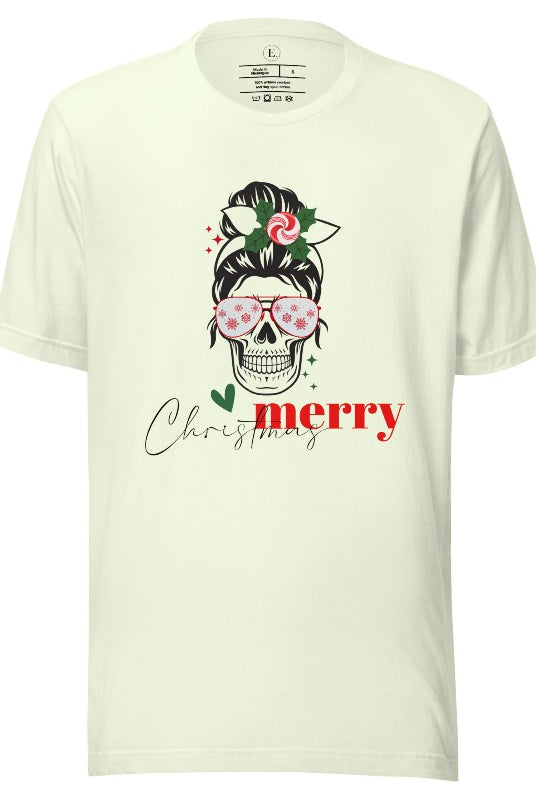 Get into the festive spirit with our Merry Christmas messy bun skull shirt design on a citron colored shirt.