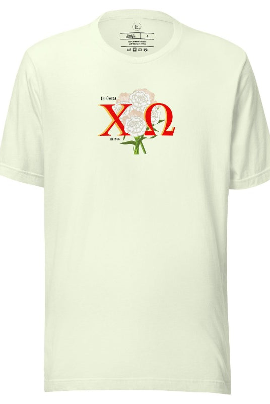 Show off your Chi Omega spirit with our stunning sorority t-shirt design! This shirt is designed with the sorority letters and a beautiful white carnation on a citron shirt. 