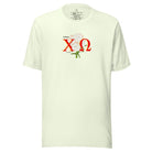 Show off your Chi Omega spirit with our stunning sorority t-shirt design! This shirt is designed with the sorority letters and a beautiful white carnation on a citron shirt. 