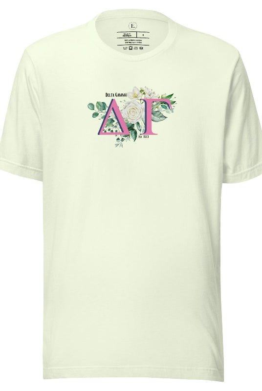 Display your Delta Gamma pride with our sorority t-shirt design! Featuring the sorority letters and the exquisite cream rose on a citron shirt. 