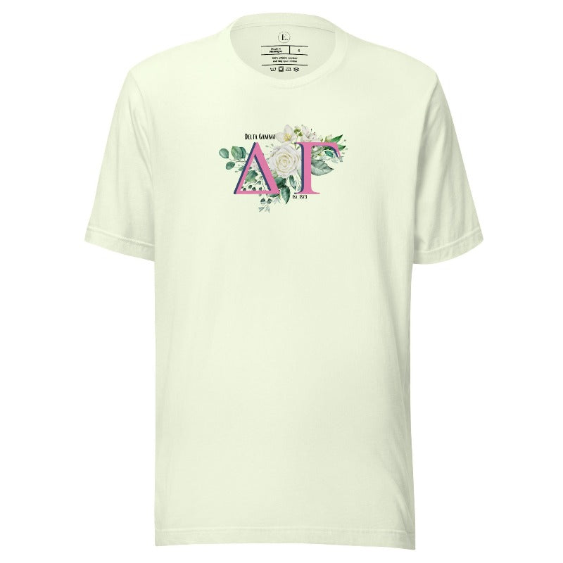 Display your Delta Gamma pride with our sorority t-shirt design! Featuring the sorority letters and the exquisite cream rose on a citron shirt. 