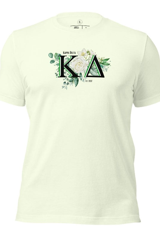 Elevate your Kappa Delta sisterhood with our stunning t-shirt, featuring the sorority letters and the elegant white rose on a citron shirt.