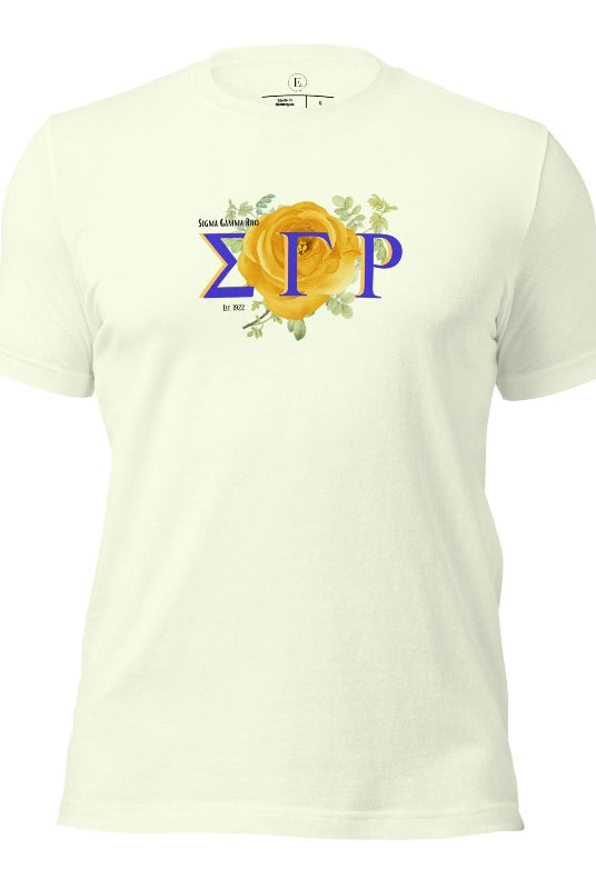 Looking for a stylish way to show your pride for Sigma Gamma Rho? Our stunning t-shirt features the sorority letters and a vibrant yellow tea rose on a citron shirt. 