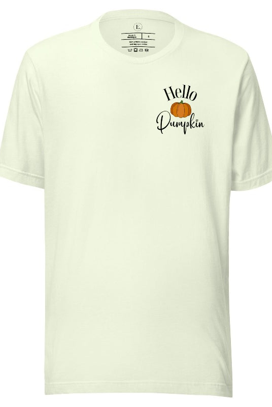 Say hello to autumn with our adorable t-shirt. It features a pumpkin on the front pocket and the playful phrase 'Hello Pumpkin,' this design captures the spirit of the season on a citron colored shirt. 