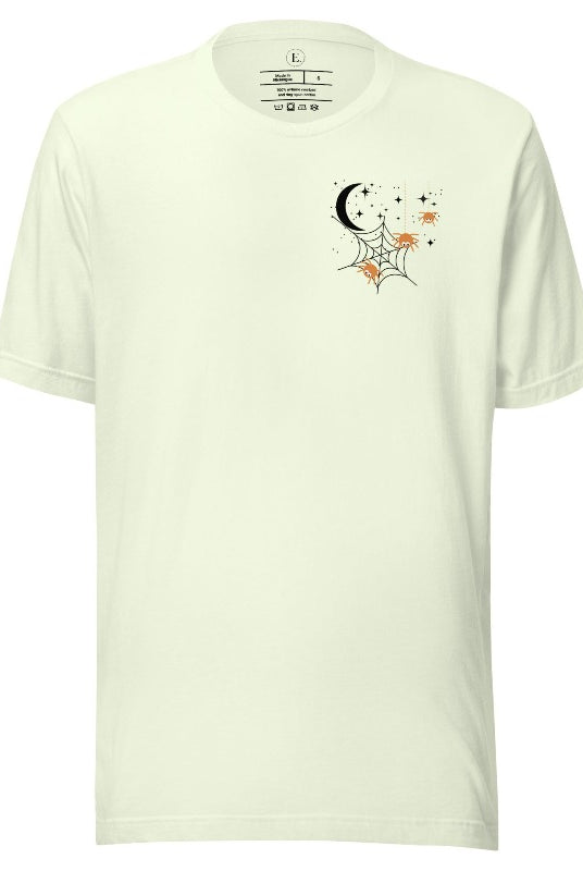 Embrace the enchanting night sky with our captivating t-shirt. Featuring a crescent moon, stars, and a spiderweb with three adorable spiders hanging down on the front pocket on a citron colored shirt. 