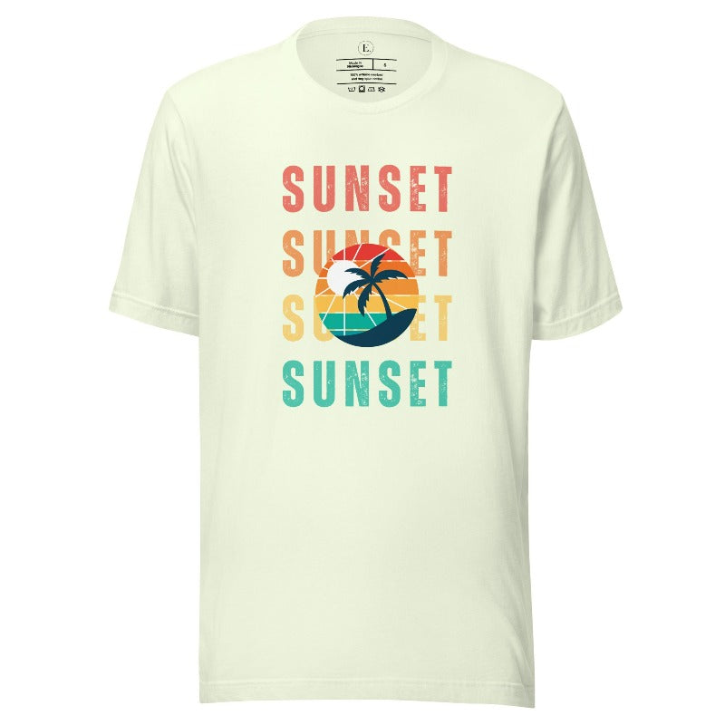 Capture the essence of tropical paradise with our Sunset t-shirt. Featuring four rows of the word 'sunset' surrounding a stunning palm tree on a citron colored shirt. 