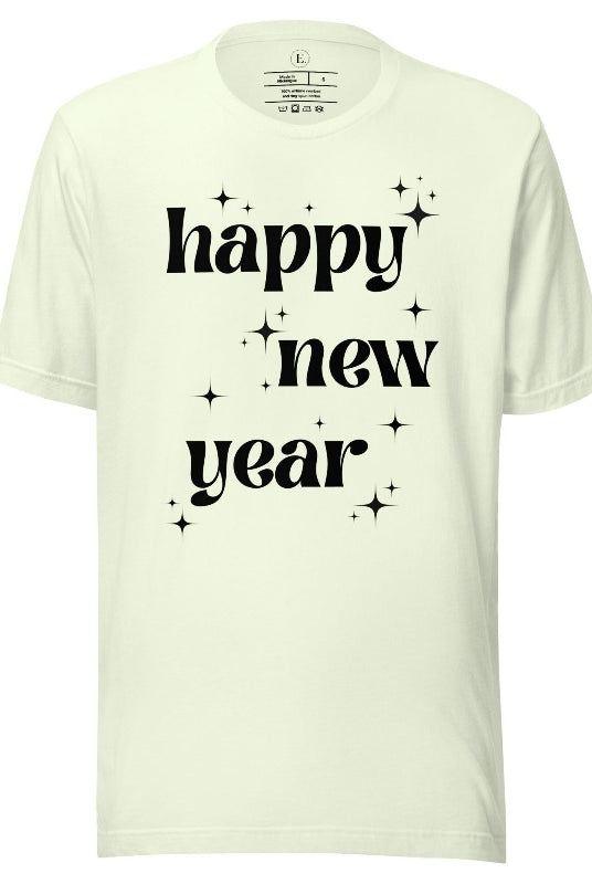 Ring in the New Year with our stunning Happy New Year shirt featuring captivating modern star designs on a citron colored shirt. 