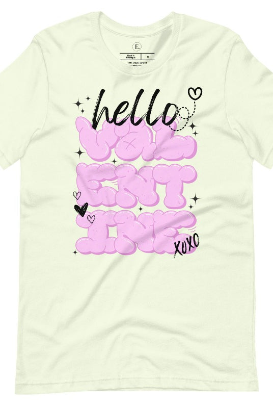 Make a bold statement this Valentine's Day with our street-style graffiti tee! Featuring "Hello Valentine" In eye-catching bubble lettering, on a citron colored shirt. 