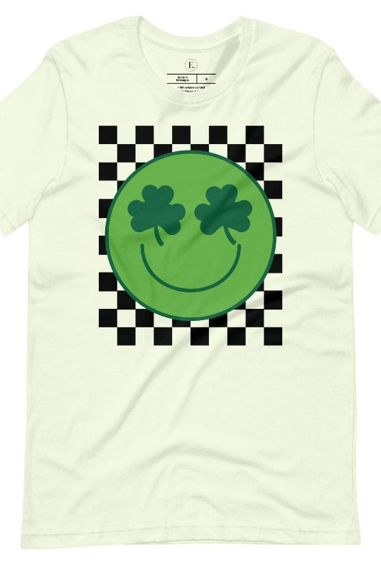 Get in the Saint Patrick's Day spirit with our Bella Canvas 3001 unisex graphic t-shirt! This unique design features a retro green smiley face with shamrock eyes, perfect for those seeking a festive and nostalgic look on a citron colored shirt. 