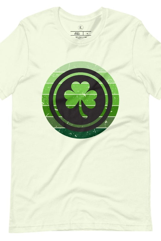 Get your ultimate Saint Patrick's Day attire with our Bella Canvas 3001 unisex graphic t-shirt! Featuring a captivating circle design in various shades of green, topped with a prominent shamrock, on a citron color shirt.