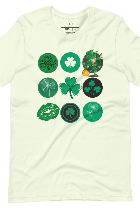 Celebrate Saint Patrick's Day in style with our Bella Canvas 3001 unisex graphic t-shirt! Get ready for the luckiest day of the year with our festive design featuring 3 rows of 3 vibrant and whimsical Saint Patrick's Day images on a citron colored shirt. 
