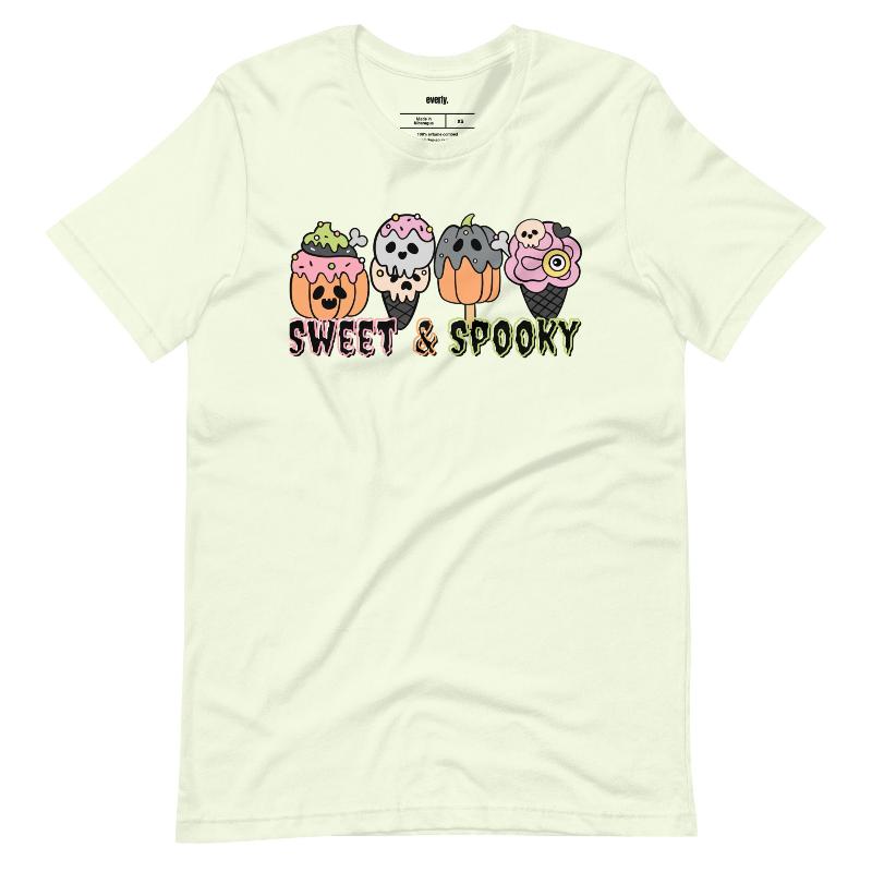 Citron t-shirt featuring a fun 'Sweet & Spooky' design with Halloween-themed ice cream cones, skulls, pumpkins, and spooky treats.