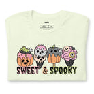 Citron t-shirt featuring a fun 'Sweet & Spooky' design with Halloween-themed ice cream cones, skulls, pumpkins, and spooky treats.