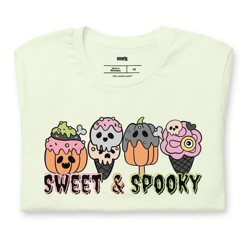 Citron t-shirt featuring a fun 'Sweet & Spooky' design with Halloween-themed ice cream cones, skulls, pumpkins, and spooky treats.