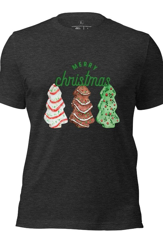 Relive the nostalgia of your childhood with our Christmas shirt that features the beloved classic Christmas tree cookies on a dark grey shirt.