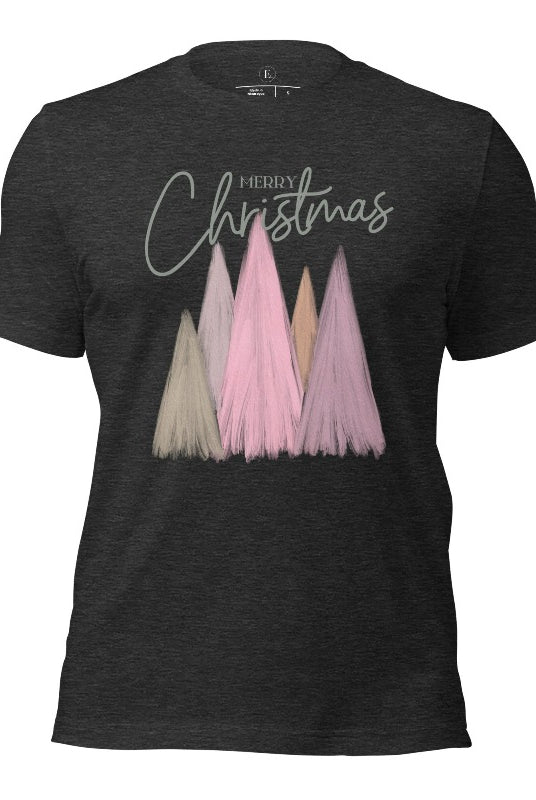 Merry Christmas modern minimalist pastel Christmas trees on printed on a dark grey heather shirt.