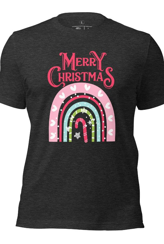 Merry Christmas rainbow candy cane and heart tee on a dark grey heather shirt. 