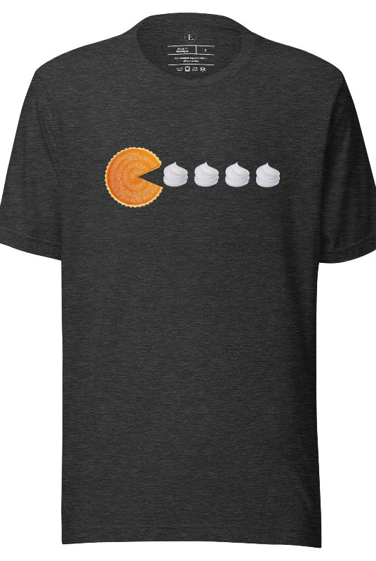 Level up your style with our playful t-shirt featuring a pumpkin pie shaped like Pac-Man devouring whipped cream swirls on a dark grey shirt. 