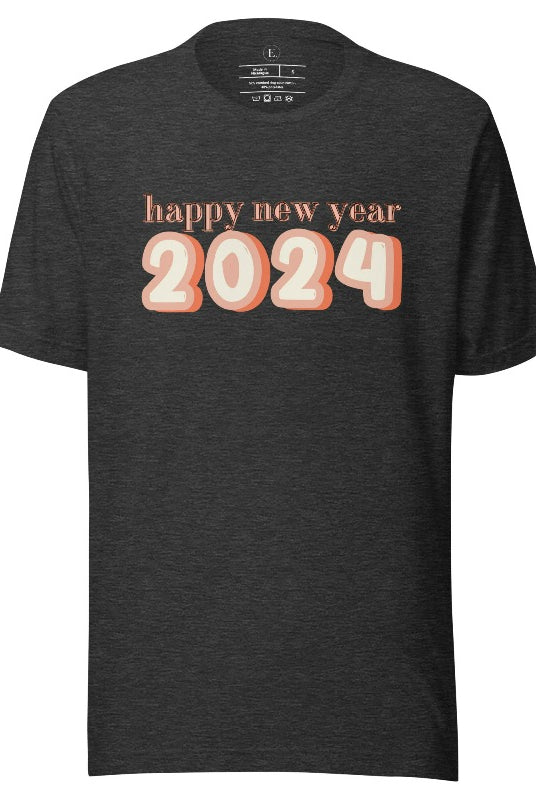 Welcome 2024 in style with our exclusive Happy New Year shirt design! Featuring vibrant graphics and festive typography, this high- quality on a dark heather grey shirt. 