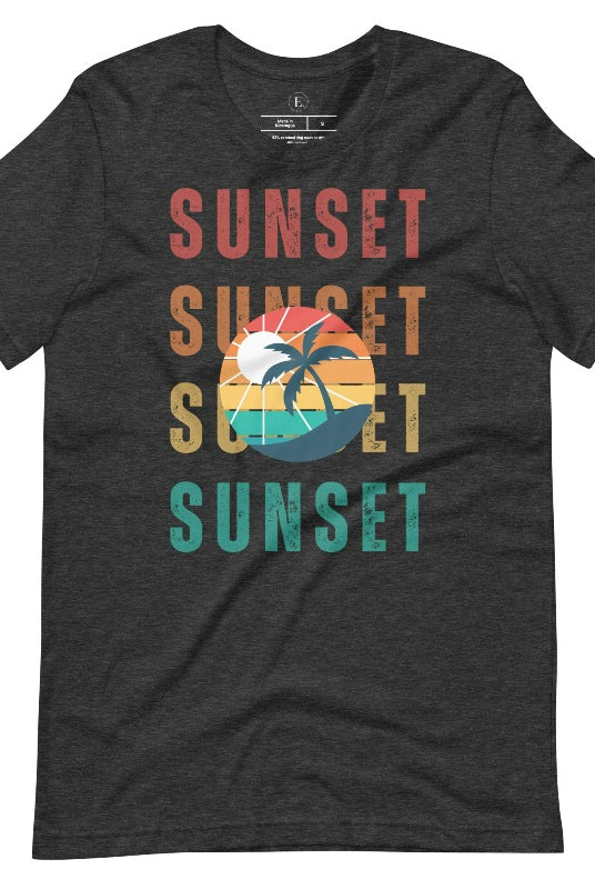Capture the essence of tropical paradise with our Sunset t-shirt. This shirt features four rows of the word 'sunset' surrounding a stunning palm tree, bringing a laid-back, beachy vibe to your wardrobe with this dark grey heather tee. 