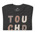 the word "TOUCHDOWN" in a stylish, distressed font with shades of brown, perfect for football fans on a dark grey shirt