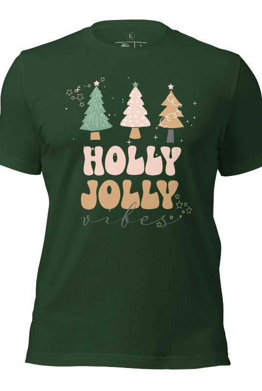 Get ready to feel the holly jolly vibes with our Christmas shirt! This festive shirt features a playful message that reads "Holly Jolly Vibes" and is adorned with cheerful Christmas trees, radiating the holiday cheer on a forest green shirt.