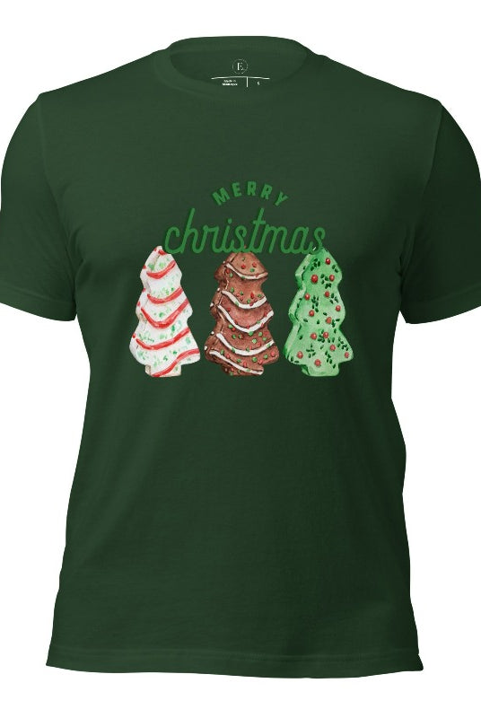 Relive the nostalgia of your childhood with our Christmas shirt that features the beloved classic Christmas tree cookies on a forest green shirt.