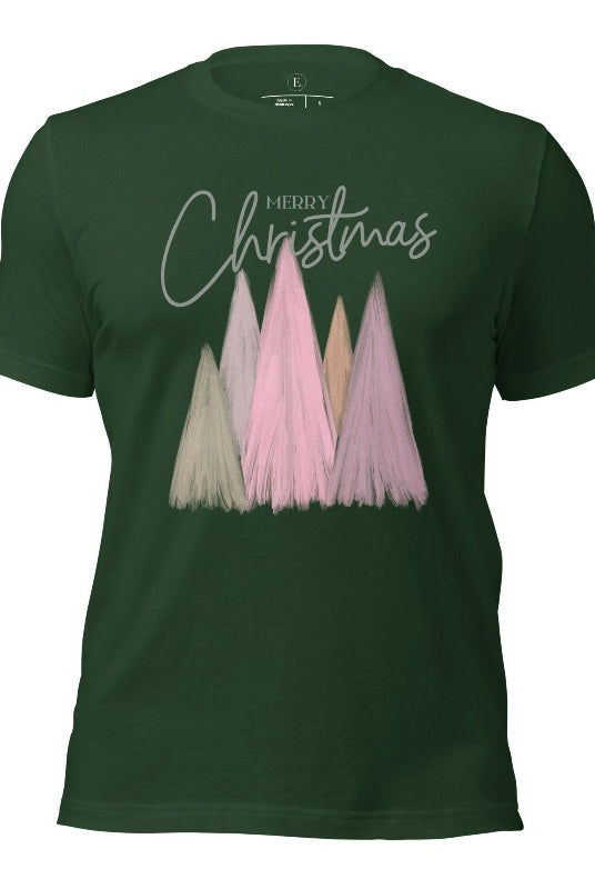 Merry Christmas modern minimalist pastel Christmas trees on printed on a forest green shirt.