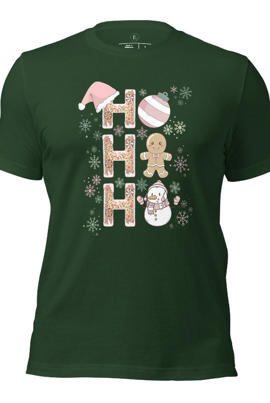 Add a whimsical touch to your holiday wardrobe with our gingerbread "Ho Ho Ho" Christmas shirt on a forest colored shirt.