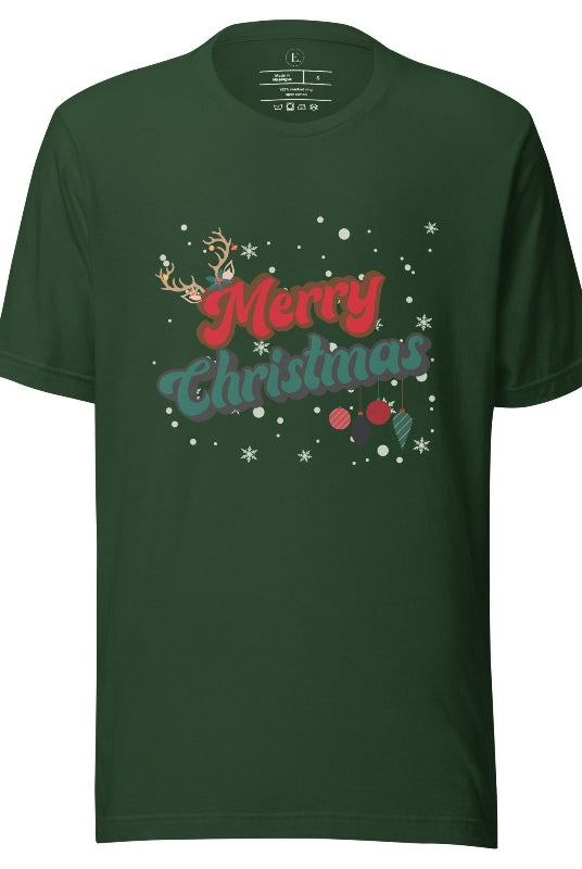 Get ready to take a trip down memory lane with our Merry Christmas retro letters shirt on a forest green colored shirt. 
