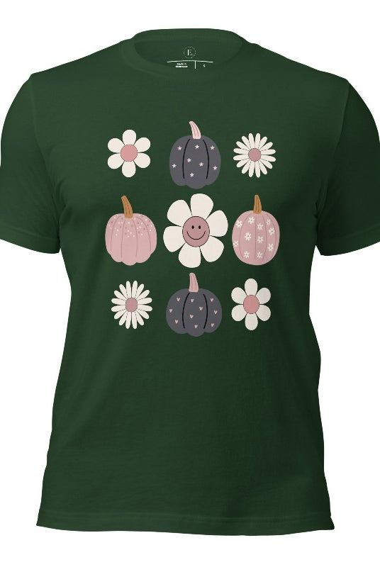 Step into retro autumn vibes with our trendy t-shirt. Featuring a delightful combination of pumpkins and retro flowers, on a forest green shirt. 