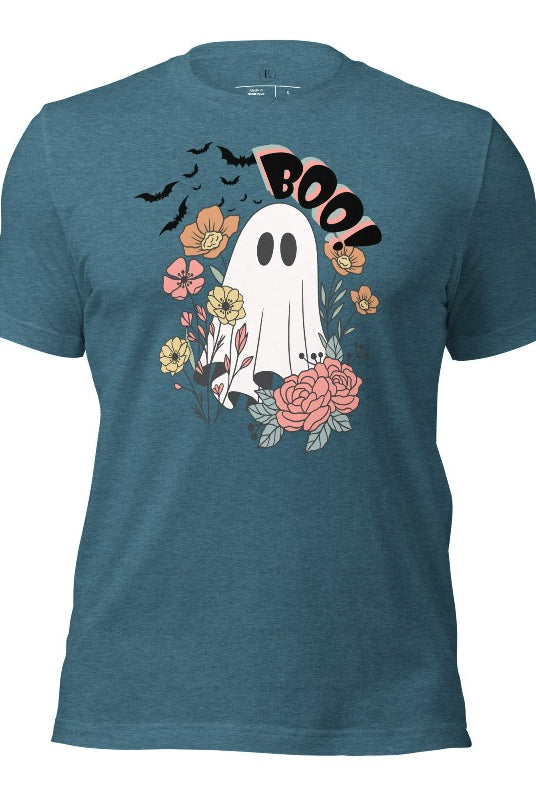 Get ready for Halloween with our cute and spooky ghost-themed shirt! Featuring a whimsical design with a cute ghost, flowers, and bats in a starry sky, it's the perfect blend of spooky and sweet on a heather deep teal shirt. 