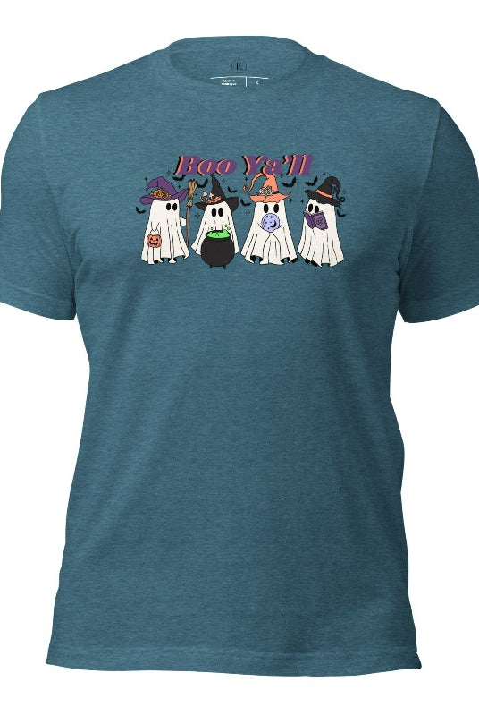 Embrace the spirit of Halloween with our spooktacular shirt. Join a mischievous gang of ghostly trick-or-treaters as they spread frightening fun. Featuring a playful 'Boo Ya'll' message,  on a heather deep teal shirt. 