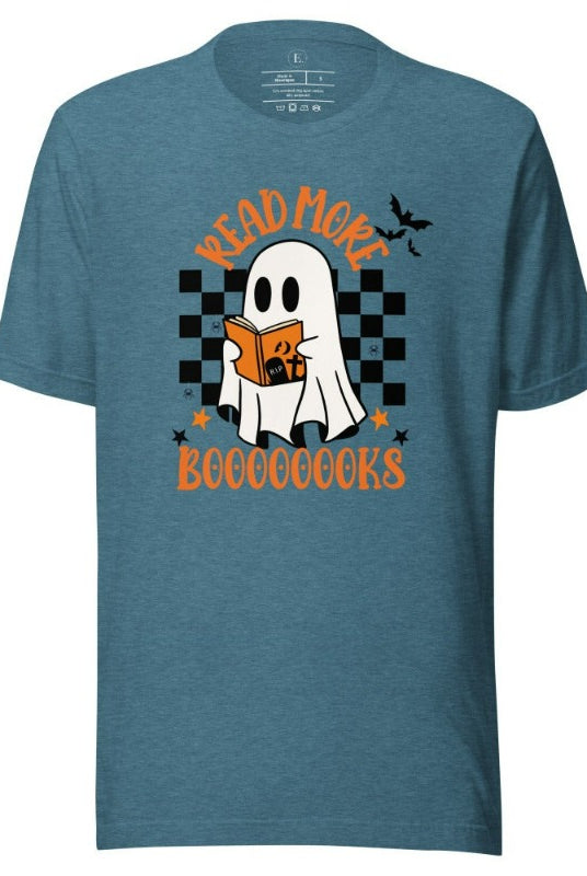 Read More Booooks is a ghost reading a book in front of a checkered background on a heather deep teal colored shirt.
