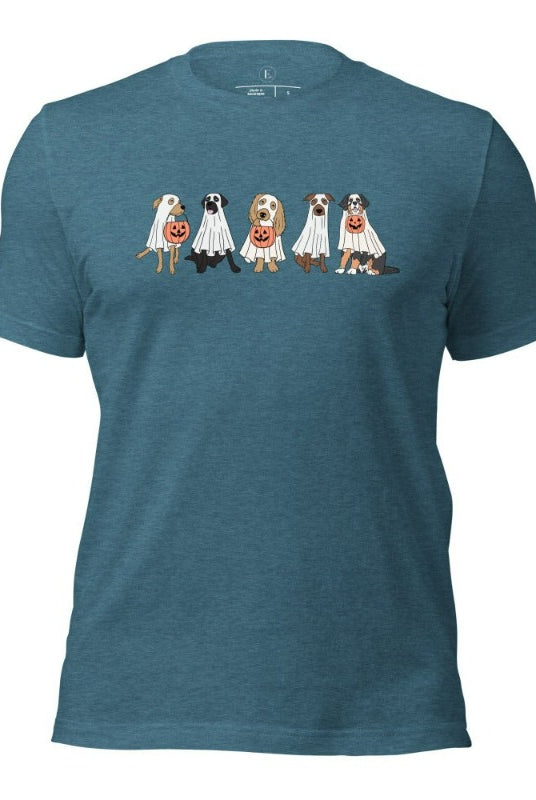 5 dogs dressed as ghost getting ready to trick or treat on a heather deep teal colored t-shirt.